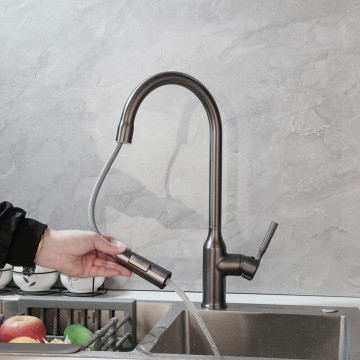 2 standen gun metal keukenkraan met uittrekbare sproeikop