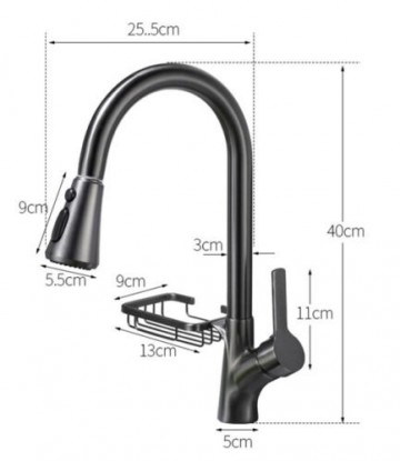 Afmetingen keukenkraan gun metal met zeepbakje