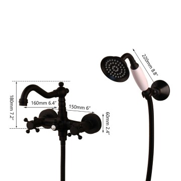 Afmetingen nostalgische zwarte muurkraan met handdouche