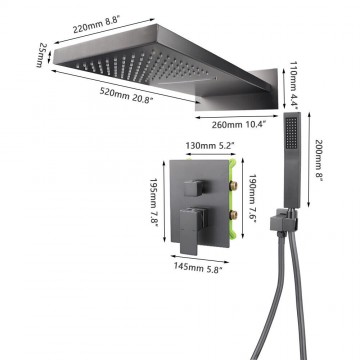Afmetingen regendouche rechthoekig gun metal