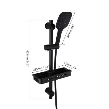 Afmetingen set zwarte glijstang badkamer met shampoo bakje