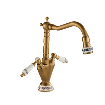 Landelijke bronskleurige wastafelkraan met keramiek handvat 1