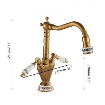 Landelijke bronskleurige wastafelkraan met keramiek handvat 3