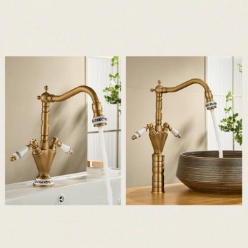 Landelijke bronskleurige wastafelkraan met keramiek handvat 7