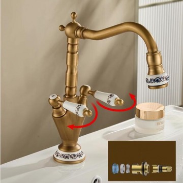 Landelijke bronskleurige wastafelkraan met keramiek handvat 9