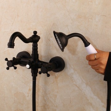 Nostalgische zwarte muurkraan met handdouche b557