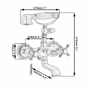 Klassieke bronzen badkraan muurbevestiging inclusief handdouche.