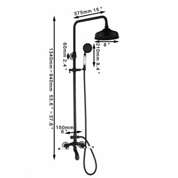 Nostalgische zwart Olie brons opbouw douche met douchekop 20 CM retro handdouche met keramiek hendels