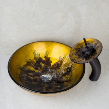 Vintage deluxe watervalkraan olie brons met glazen mond en stijlvolle glazen waskom.