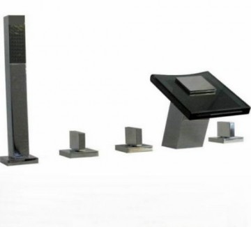 5 delige Badkraan voor montage op badrand chrome en bruin glas inclusief handdouche