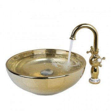 Gouden wastafel kraan met hand geschilderde goudkleurige glazen waskom zeer luxe!