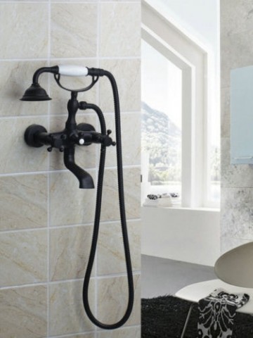 Nostalgische Oil bronzen / zwarte badkraan muurbevestiging inclusief handdouche