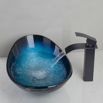 Ovale zwart blauwe hard glazen waskom inclusief olie bronzen wastafel kraan
