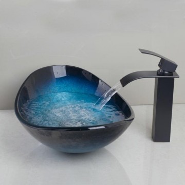 Ovale zwart blauwe hard glazen waskom inclusief olie bronzen wastafel kraan