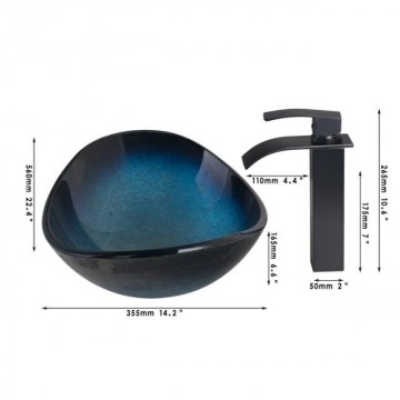Ovale zwart blauwe hard glazen waskom inclusief olie bronzen wastafel kraan